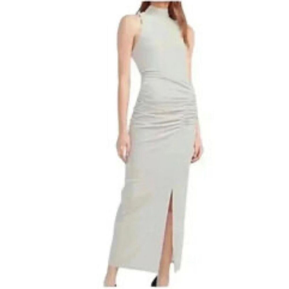 Express Gray Velvet Ruched High Neck Side Slit Sleeveless Maxi Dress Size XL